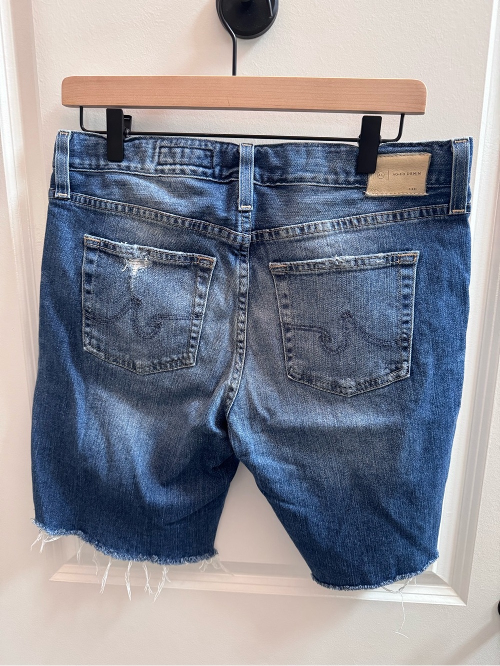 Ag Adriano Goldschmied Mid Blue Denim Cutoff Shorts with Embroidered Pockets